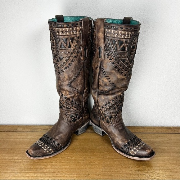 CORRAL Women's Western Leather Boots Snip Toe Inlay Cut Out Embroidery Studs 6 M - Picture 1 of 16